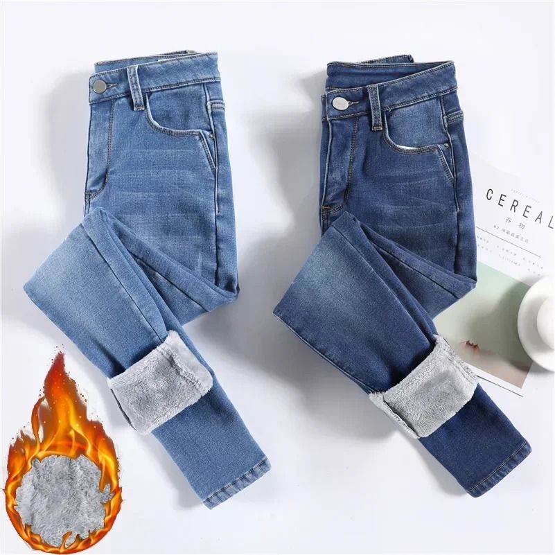 Women Thermal Jeans Winter Warm Fleece Stretch Skinny Pants