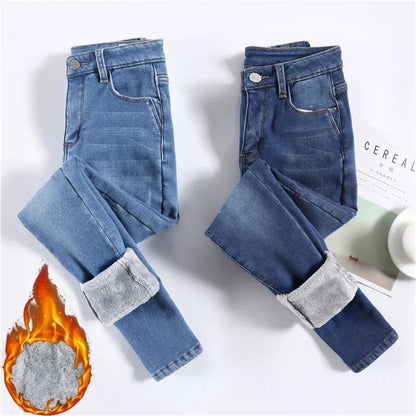 Women Thermal Jeans Winter Warm Fleece Stretch Skinny Pants