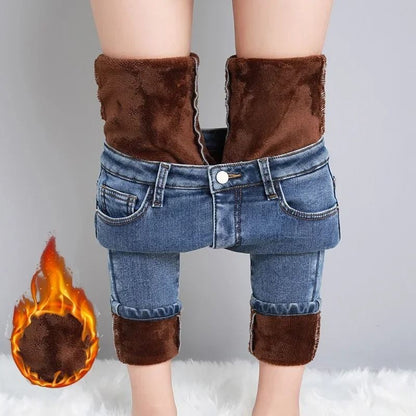Women Thermal Jeans Winter Warm Fleece Stretch Skinny Pants