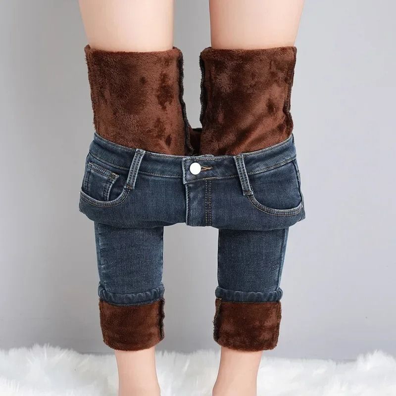 Women Thermal Jeans Winter Warm Fleece Stretch Skinny Pants