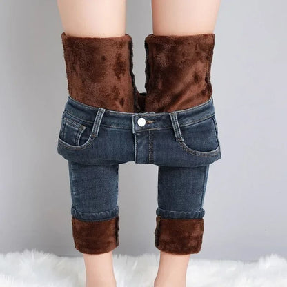 Women Thermal Jeans Winter Warm Fleece Stretch Skinny Pants