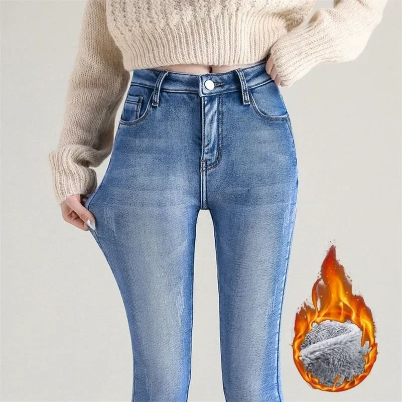 Women Thermal Jeans Winter Warm Fleece Stretch Skinny Pants