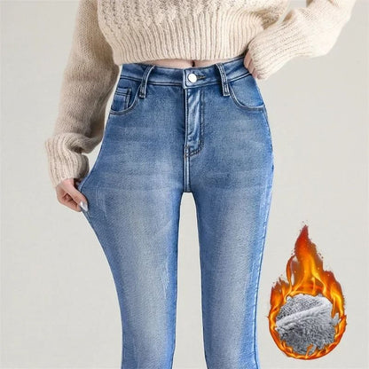 Women Thermal Jeans Winter Warm Fleece Stretch Skinny Pants