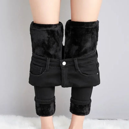 Women Thermal Jeans Winter Warm Fleece Stretch Skinny Pants
