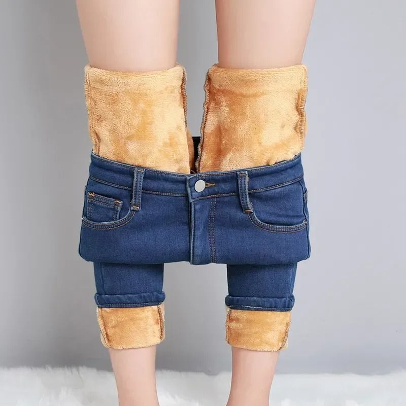 Women Thermal Jeans Winter Warm Fleece Stretch Skinny Pants