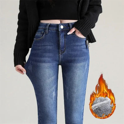Women Thermal Jeans Winter Warm Fleece Stretch Skinny Pants