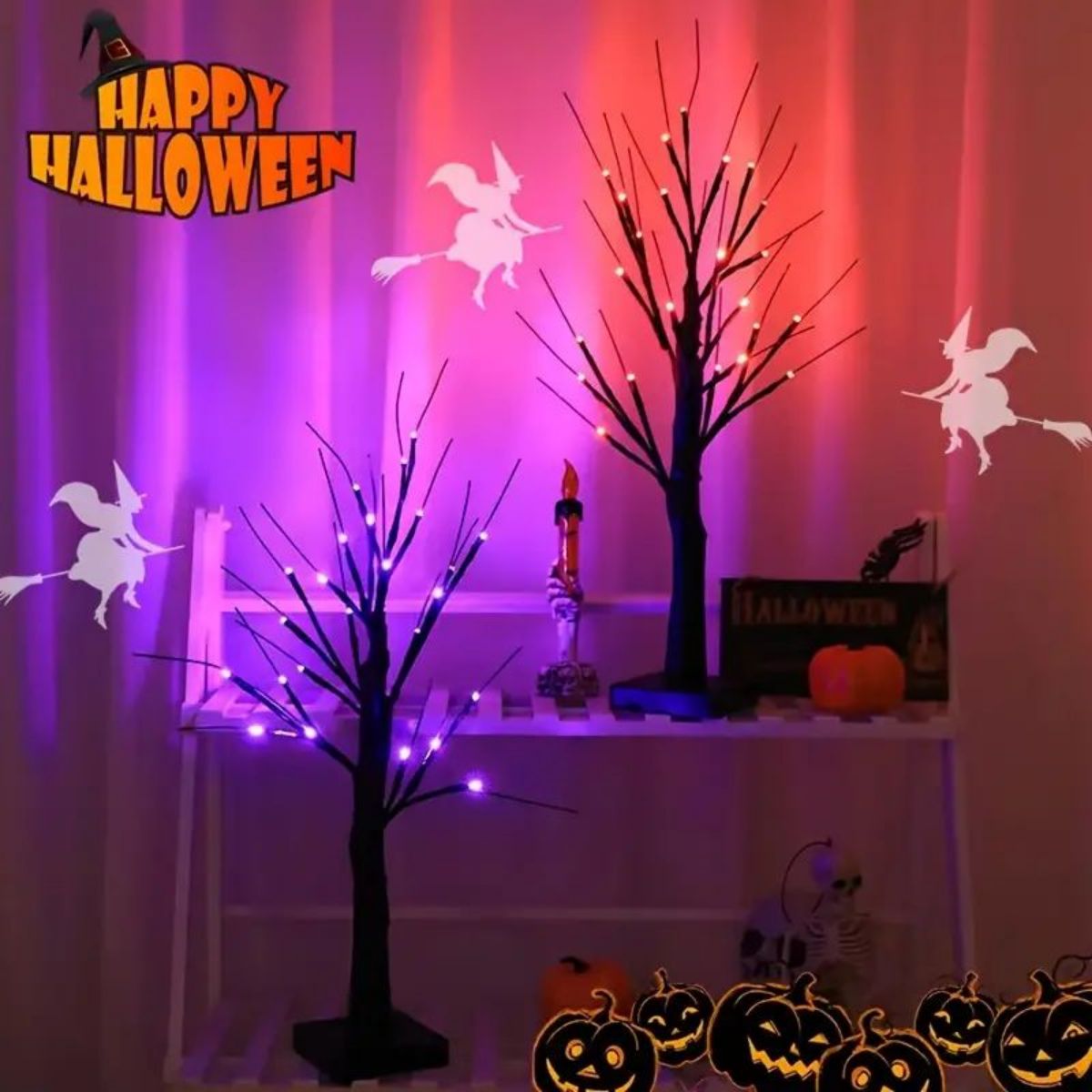 Birch Tree Lights , Orange And Purple Illuminated Halloween, Battery Powered USB Decor, Black Branch Tree Lights