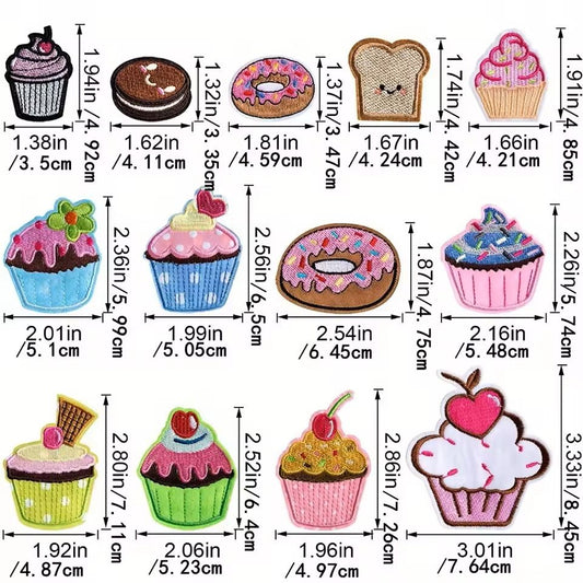 13 Piece Cupcake Embroidered Iron-On Patches Set Sweet Dessert DIY Fabric Appliques