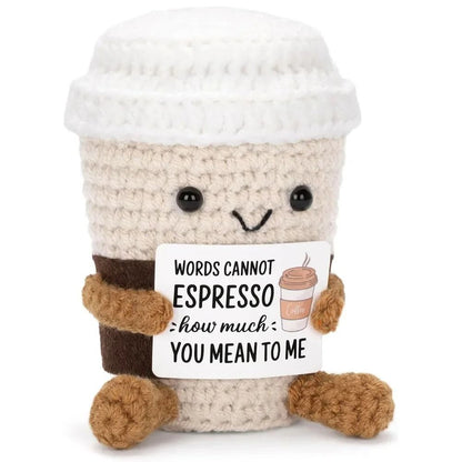 Funny Crochet Emotional Support Coffee Doll Handmade Knitted Ornament