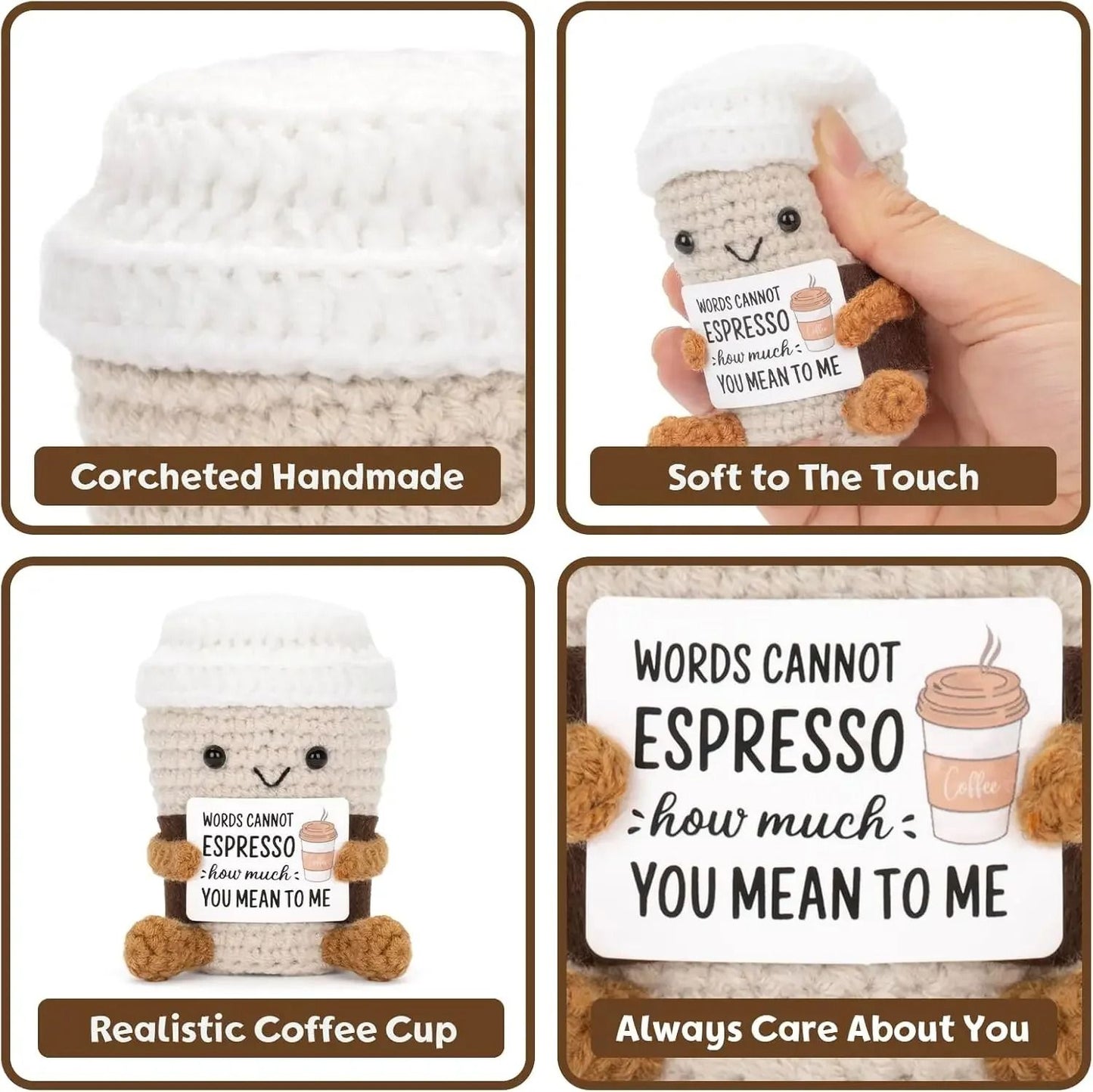 Funny Crochet Emotional Support Coffee Doll Handmade Knitted Ornament