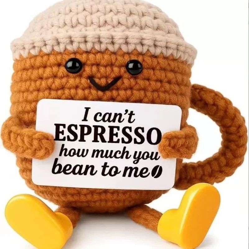 Funny Crochet Emotional Support Coffee Doll Handmade Knitted Ornament