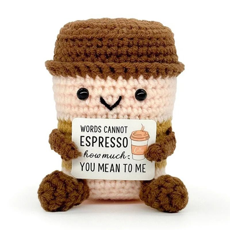 Funny Crochet Emotional Support Coffee Doll Handmade Knitted Ornament