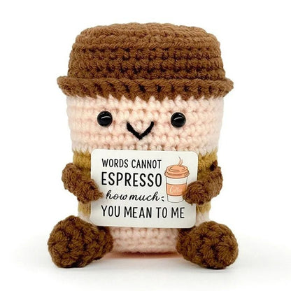 Funny Crochet Emotional Support Coffee Doll Handmade Knitted Ornament
