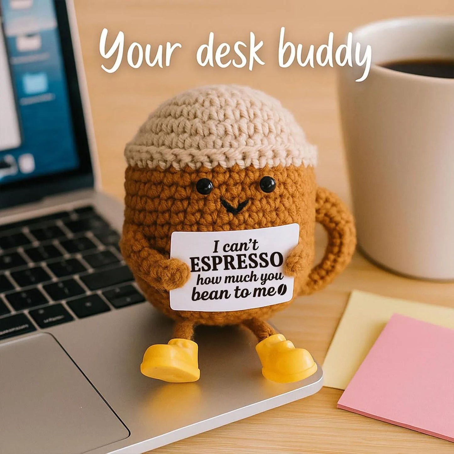 Funny Crochet Emotional Support Coffee Doll Handmade Knitted Ornament