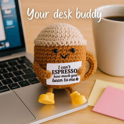 Funny Crochet Emotional Support Coffee Doll Handmade Knitted Ornament
