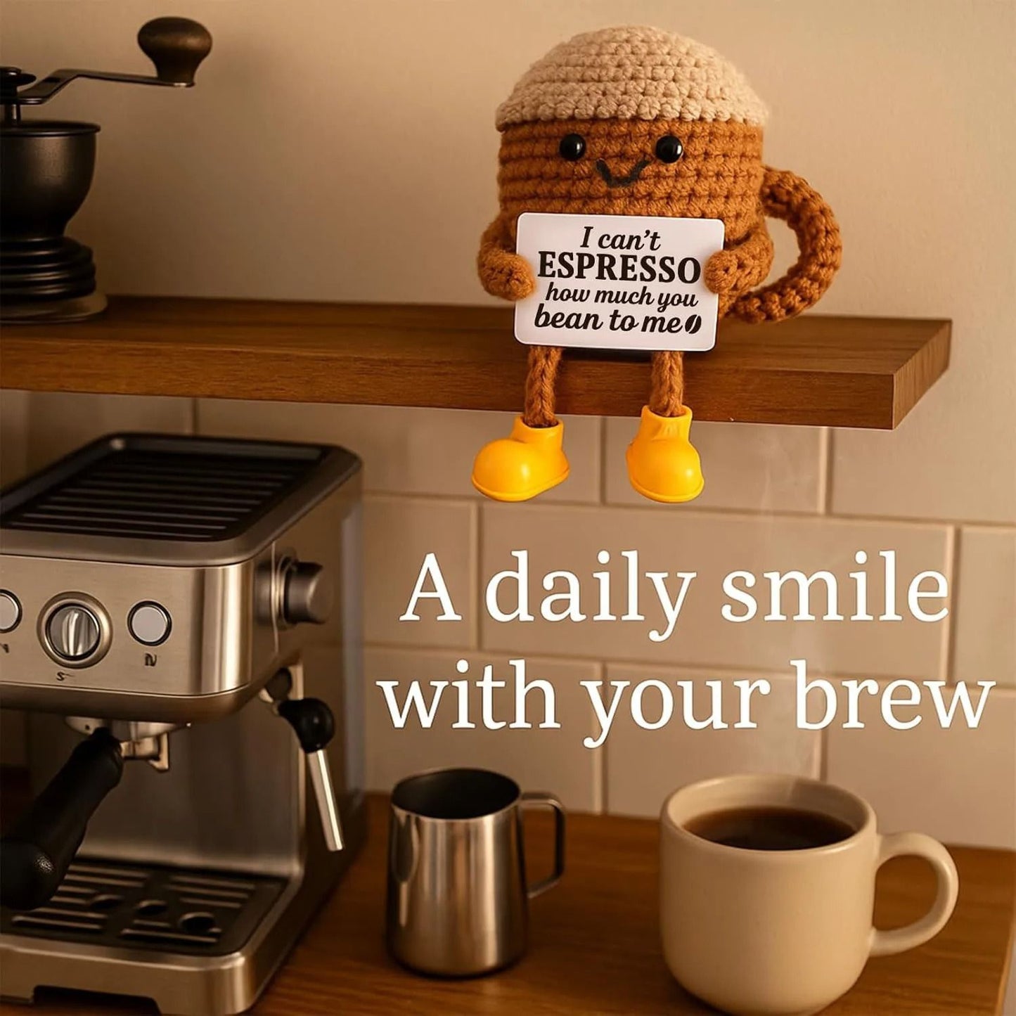 Funny Crochet Emotional Support Coffee Doll Handmade Knitted Ornament