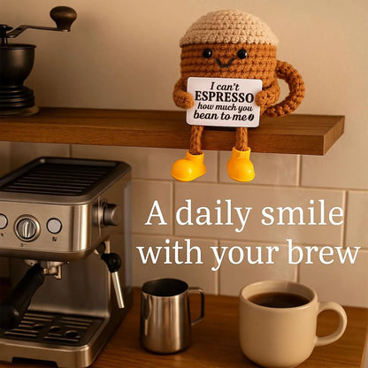 Funny Crochet Emotional Support Coffee Doll Handmade Knitted Ornament