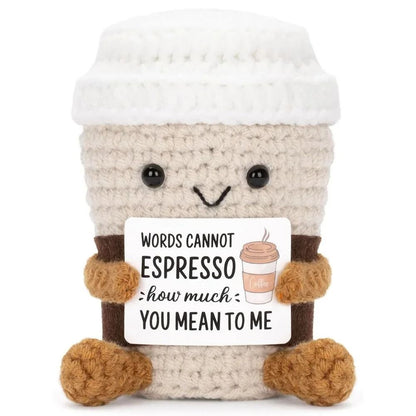 Funny Crochet Emotional Support Coffee Doll Handmade Knitted Ornament