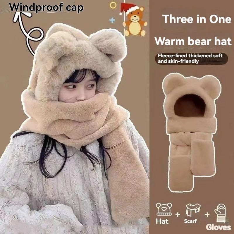 Winter Warm Plush Fleece Bear Ear Hooded Cap Scarf Gloves Set