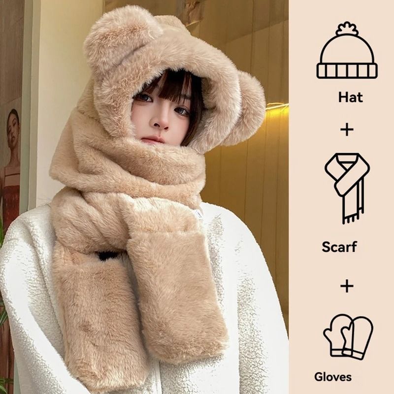 Winter Warm Plush Fleece Bear Ear Hooded Cap Scarf Gloves Set
