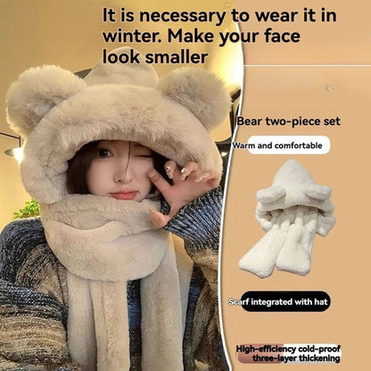 Winter Warm Plush Fleece Bear Ear Hooded Cap Scarf Gloves Set