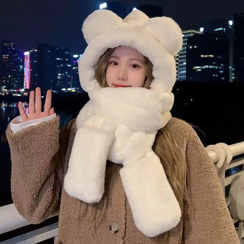 Winter Warm Plush Fleece Bear Ear Hooded Cap Scarf Gloves Set