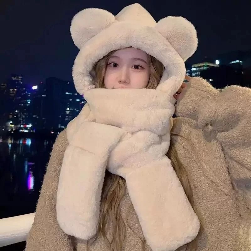 Winter Warm Plush Fleece Bear Ear Hooded Cap Scarf Gloves Set