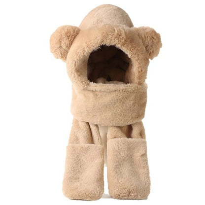 Winter Warm Plush Fleece Bear Ear Hooded Cap Scarf Gloves Set
