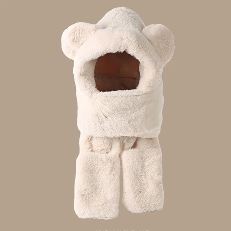Winter Warm Plush Fleece Bear Ear Hooded Cap Scarf Gloves Set