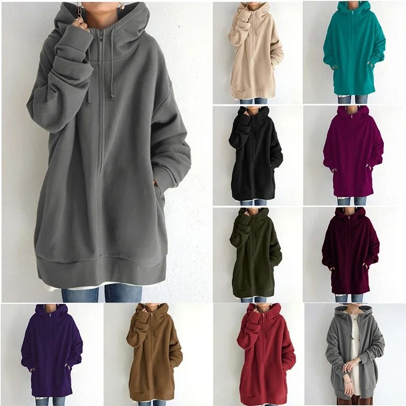Oversized Women Hooded Coat Loose Velvet Long Sleeve Zip Up Sweatshirt