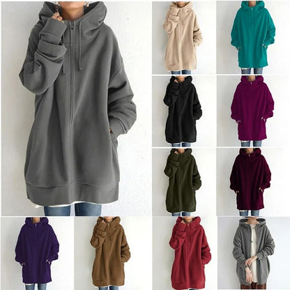 Oversized Women Hooded Coat Loose Velvet Long Sleeve Zip Up Sweatshirt
