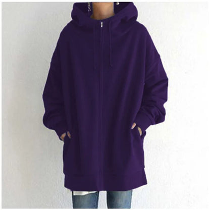 Oversized Women Hooded Coat Loose Velvet Long Sleeve Zip Up Sweatshirt