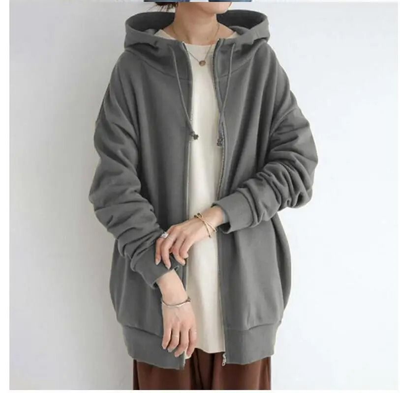 Oversized Women Hooded Coat Loose Velvet Long Sleeve Zip Up Sweatshirt