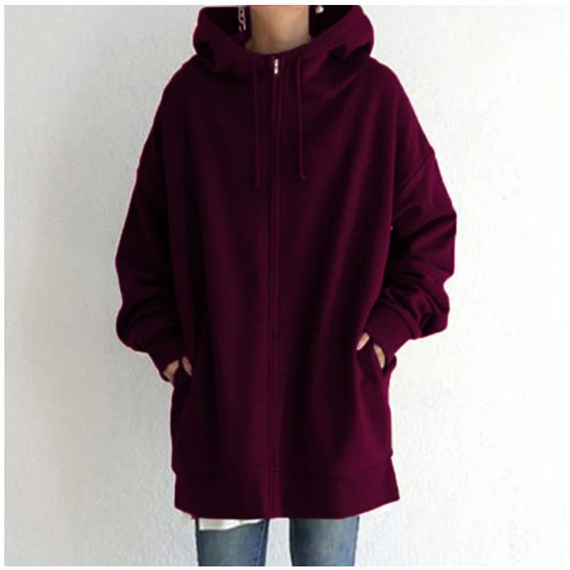 Oversized Women Hooded Coat Loose Velvet Long Sleeve Zip Up Sweatshirt