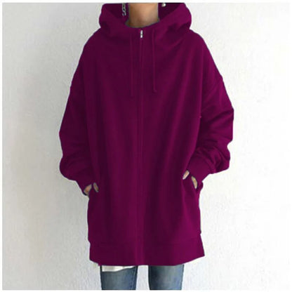 Oversized Women Hooded Coat Loose Velvet Long Sleeve Zip Up Sweatshirt