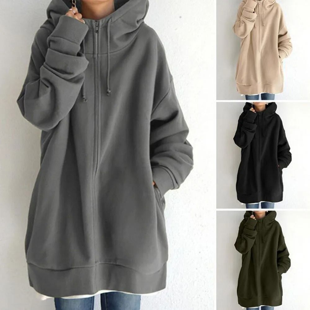 Oversized Women Hooded Coat Loose Velvet Long Sleeve Zip Up Sweatshirt