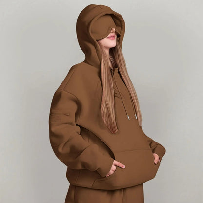 Unisex Hooded Sweatshirt with Built In Eye Mask Casual Long Sleeve Pullover