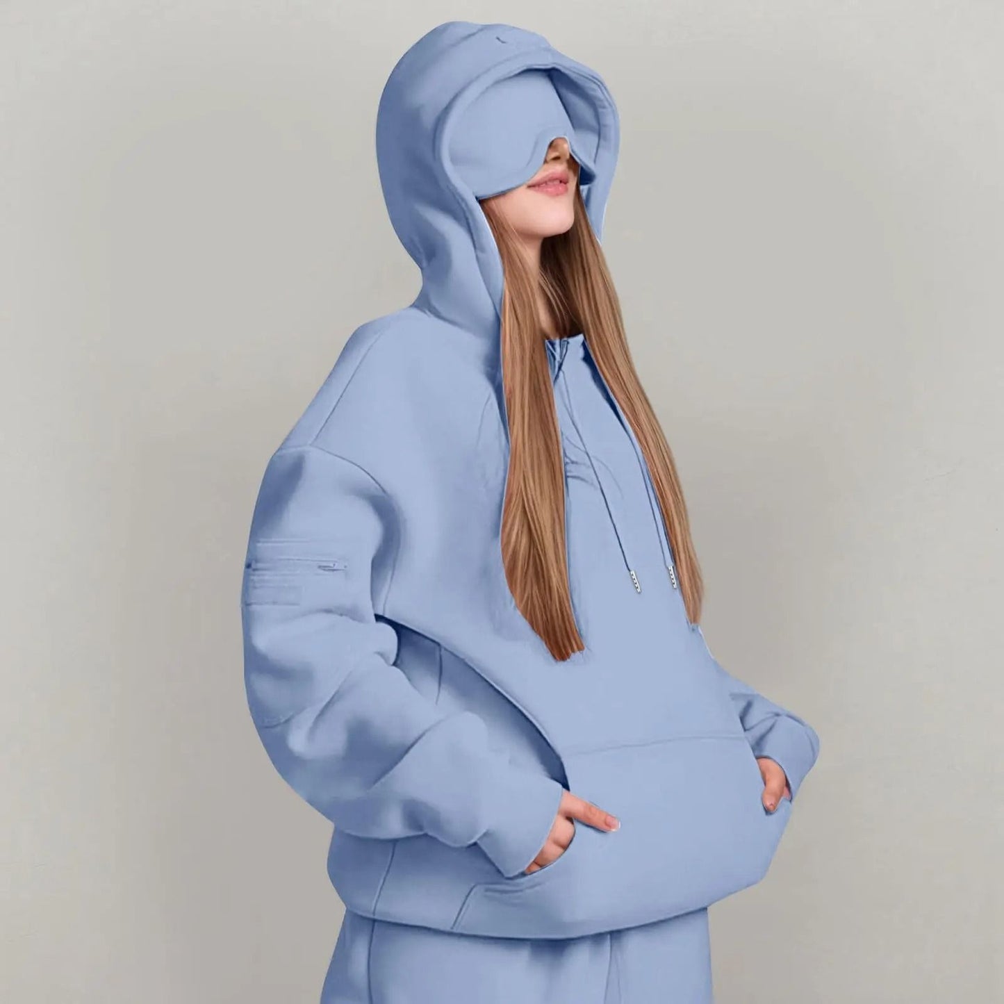 Unisex Hooded Sweatshirt with Built In Eye Mask Casual Long Sleeve Pullover