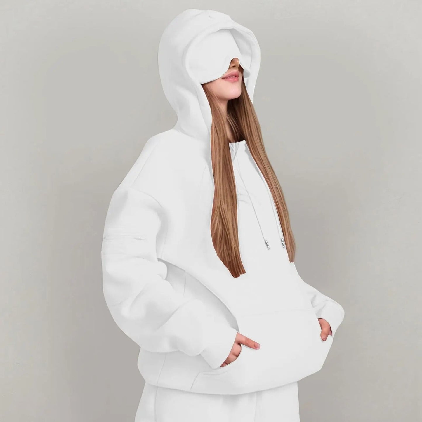 Unisex Hooded Sweatshirt with Built In Eye Mask Casual Long Sleeve Pullover