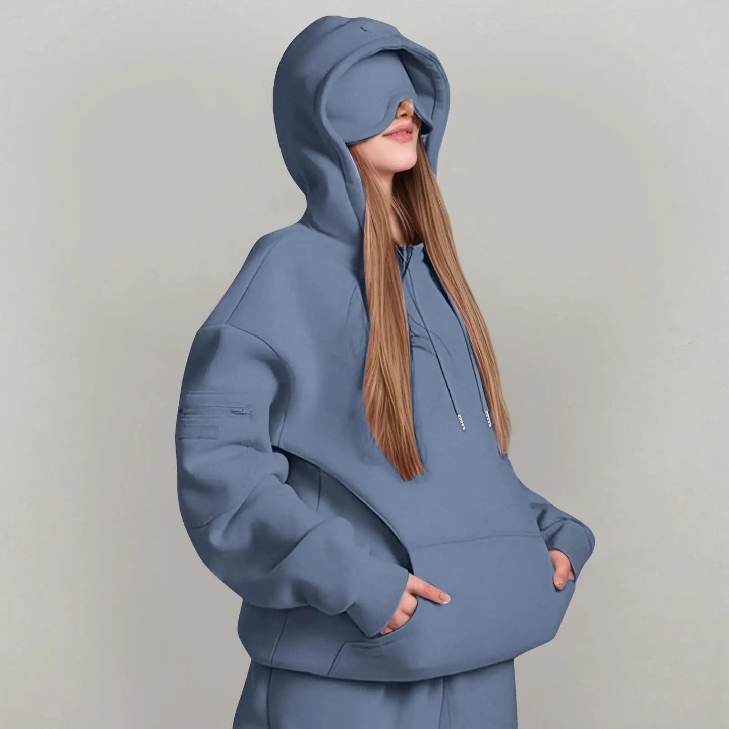 Unisex Hooded Sweatshirt with Built In Eye Mask Casual Long Sleeve Pullover