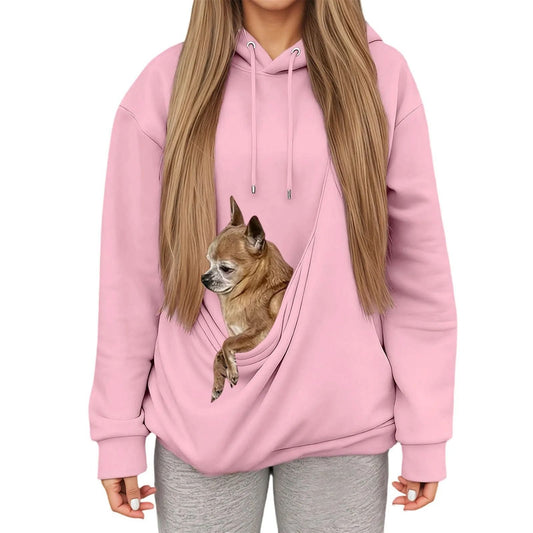 Autumn Winter Womens Hooded Sweatshirt with Pet Carrier Pocket Loose Fit Top