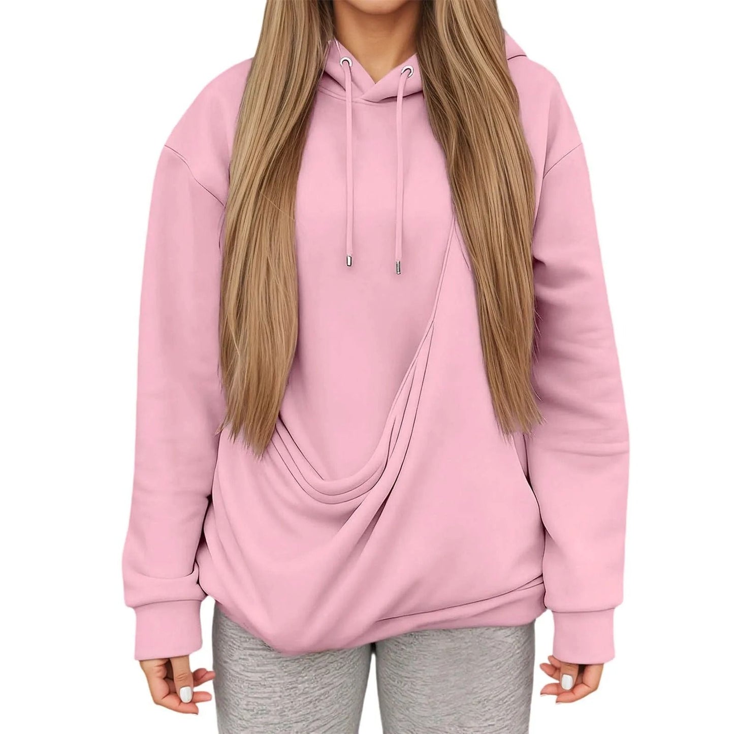 Autumn Winter Womens Hooded Sweatshirt with Pet Carrier Pocket Loose Fit Top