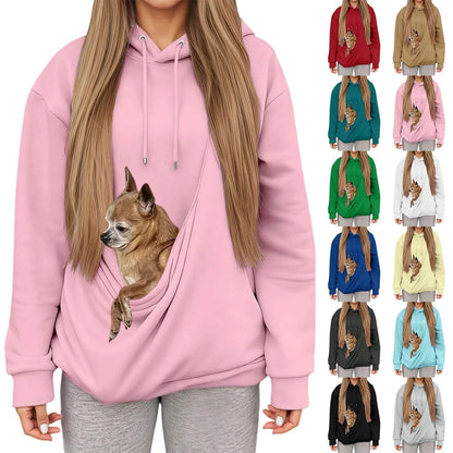 Autumn Winter Womens Hooded Sweatshirt with Pet Carrier Pocket Loose Fit Top