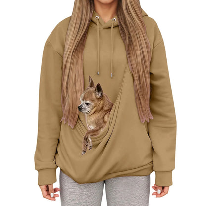 Autumn Winter Womens Hooded Sweatshirt with Pet Carrier Pocket Loose Fit Top
