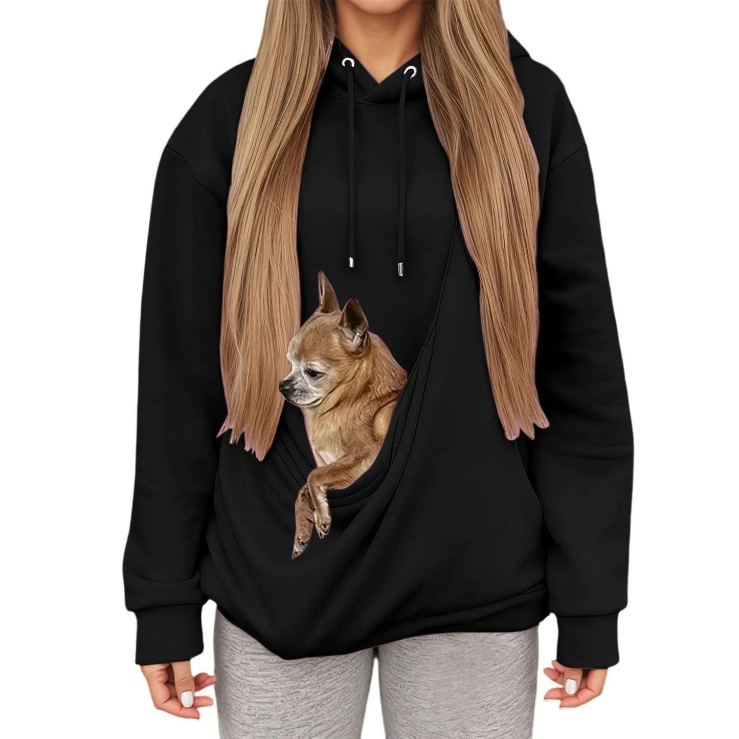 Autumn Winter Womens Hooded Sweatshirt with Pet Carrier Pocket Loose Fit Top