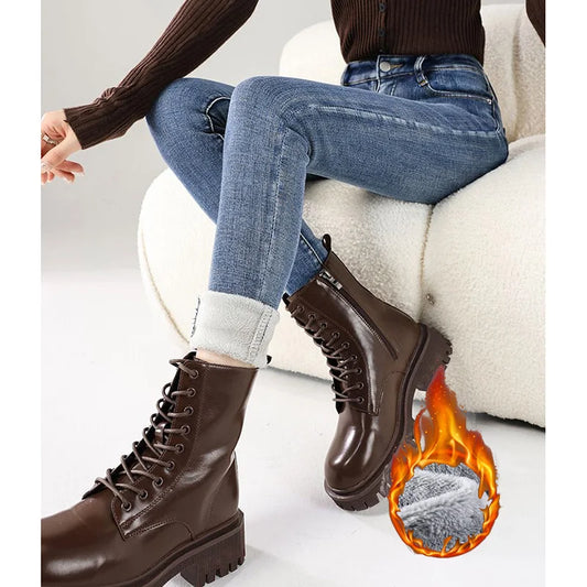 Winter Lady Casual Plush High Waist Jeans Girls, Snow Warm Thermal Trousers Women Fleece, Narrow Denim Straight Leg Pant