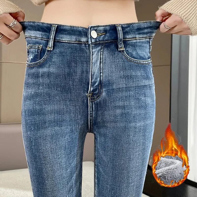 Winter Lady Casual Plush High Waist Jeans Girls, Snow Warm Thermal Trousers Women Fleece, Narrow Denim Straight Leg Pant