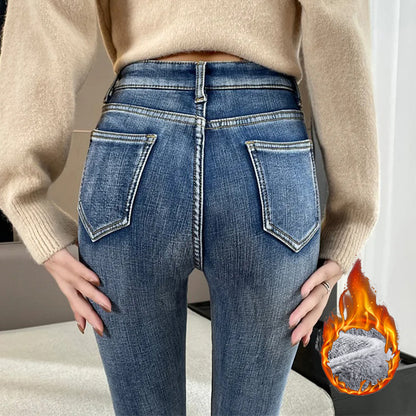 Winter Lady Casual Plush High Waist Jeans Girls, Snow Warm Thermal Trousers Women Fleece, Narrow Denim Straight Leg Pant