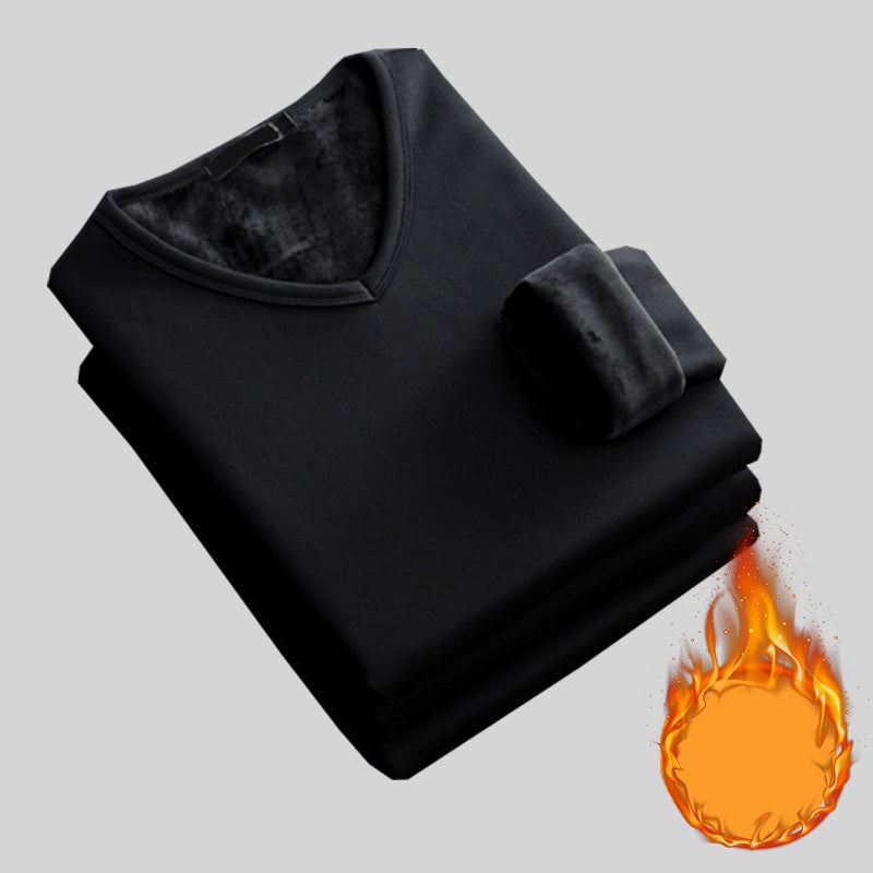 Mens Thickening Velvet Warm Tops, Winter Long Sleeved Thermal Underwear, Male V Neck Fashion Base Layer