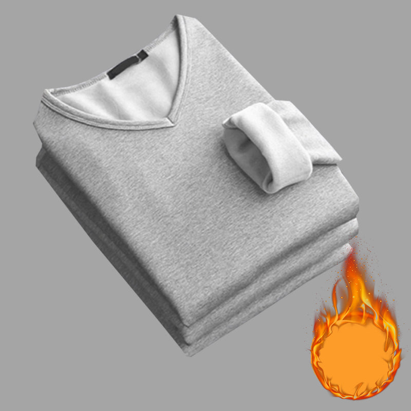 Mens Thickening Velvet Warm Tops, Winter Long Sleeved Thermal Underwear, Male V Neck Fashion Base Layer